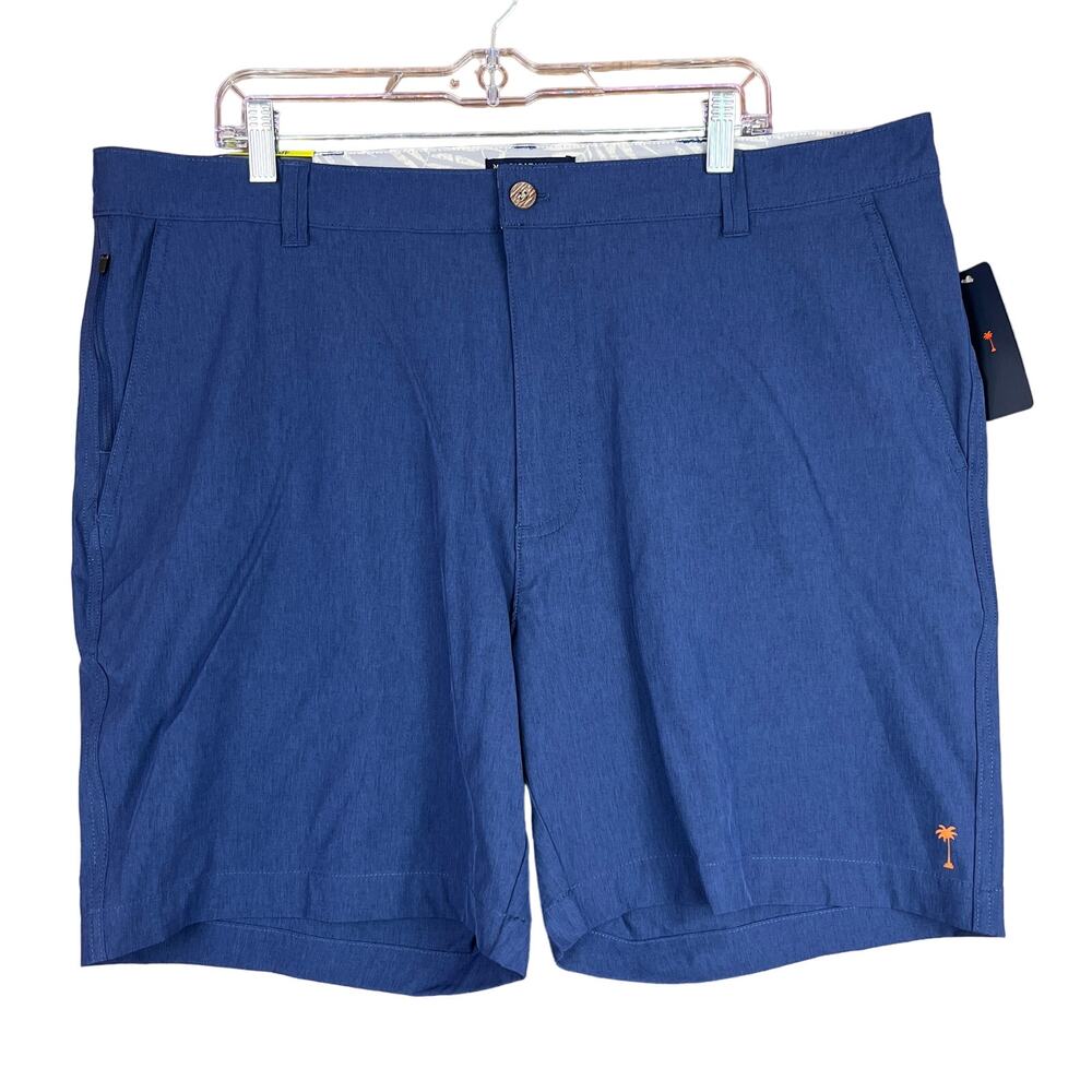 Margaritaville Navy Blue Flat Front Shorts with Orange Palm Accent